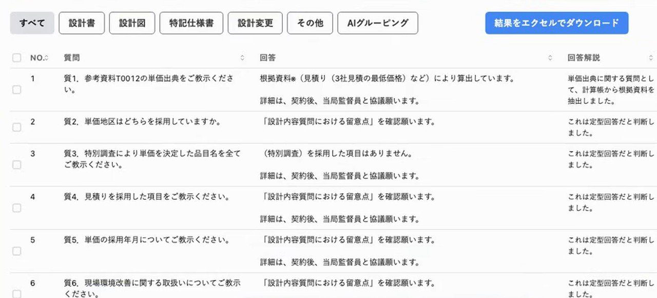 工事質問回答AIの画面：回答案の一覧